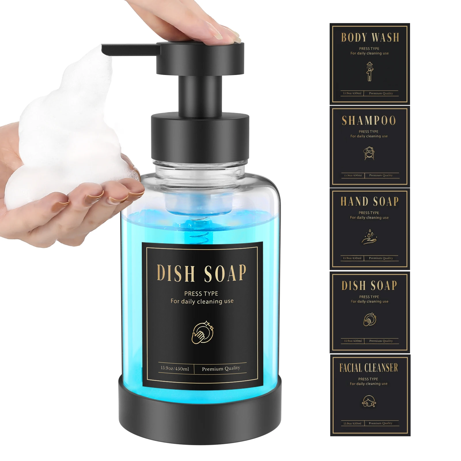 Luxspire Foaming Soap Dispenser Glass Foam Pump Soap Dispenser Non-slip Hand Soap Dispenser with 5 Waterproof Labels 15 Oz