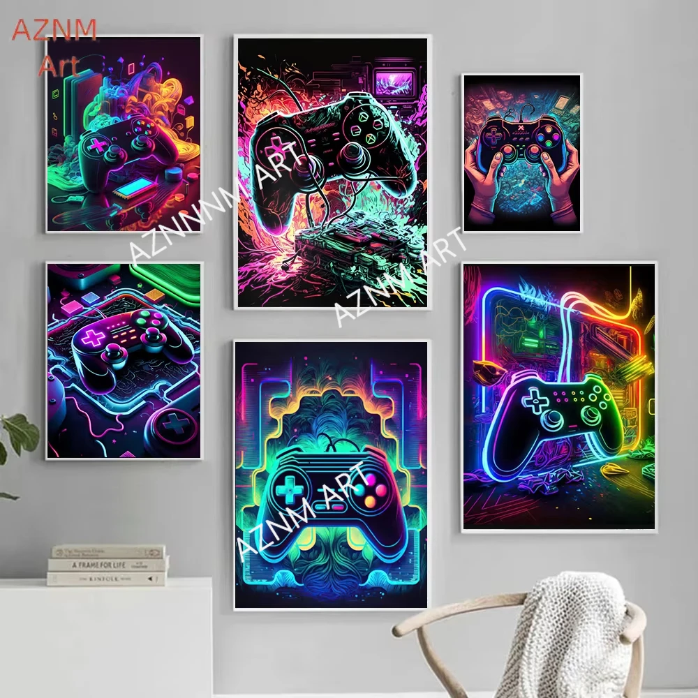 80s Classic Hot E-Sports Game Poster Print Neon Controller Game Poster Print Gamer Boy Room Game Room Background Wall Home Decor