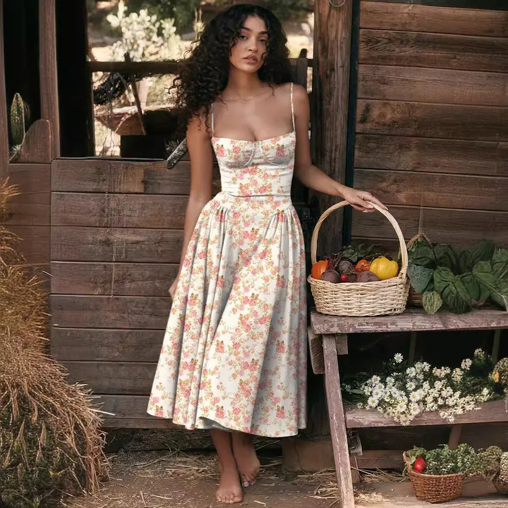 

2024 New Elegant Royal Style Low Cut Swing Dress Womens Sleeveless V Neck Summer Maxi Dress with Flared Skirt Design