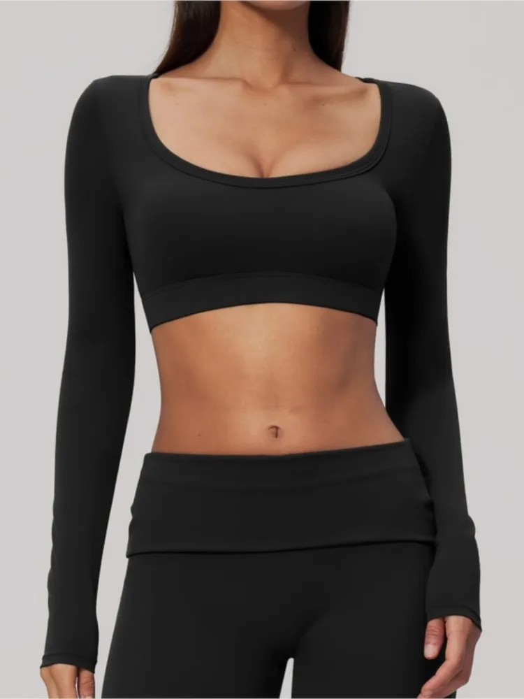 Sports Long Sleeve Solid Color Top Women Gym Yoga Top Workout Clothes Sports T Shirt Fitness Activewear Running Tight Tops