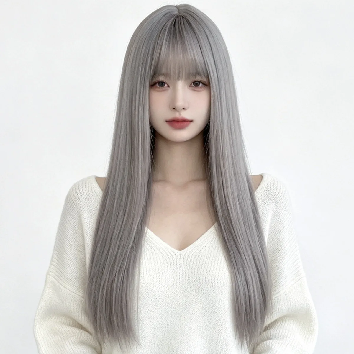 Gray straight long hair synthetic wig long curly hair Halloween wig Cosplay wig Character play wig Daily party wig set