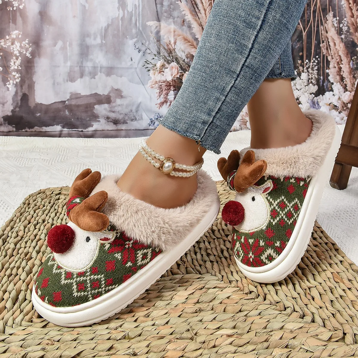 Zapatillas peludas y esponjosas para mujer, pantuflas navideñas de invierno con ciervos, zapatillas de casa a la moda para invierno, lindas Zapatillas de casa para invierno, diapositivas para mujer