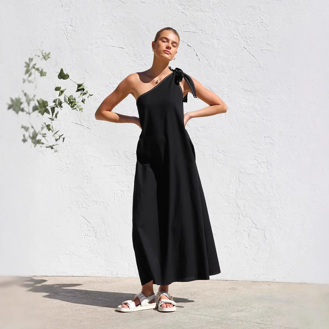 

Summer New Slanted Collar Sleeveless Long Dresses Women Solid Color Elegant Bowknot Leace-up Loose Vacation Style Dress Female