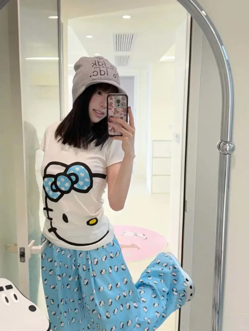 Модный пижамный комплект Sanrio из 2 предметов, комплект домашней одежды Hello Kitty, слинг для девочек, летние охлаждающие брюки Y2K, корейский стиль для девочек