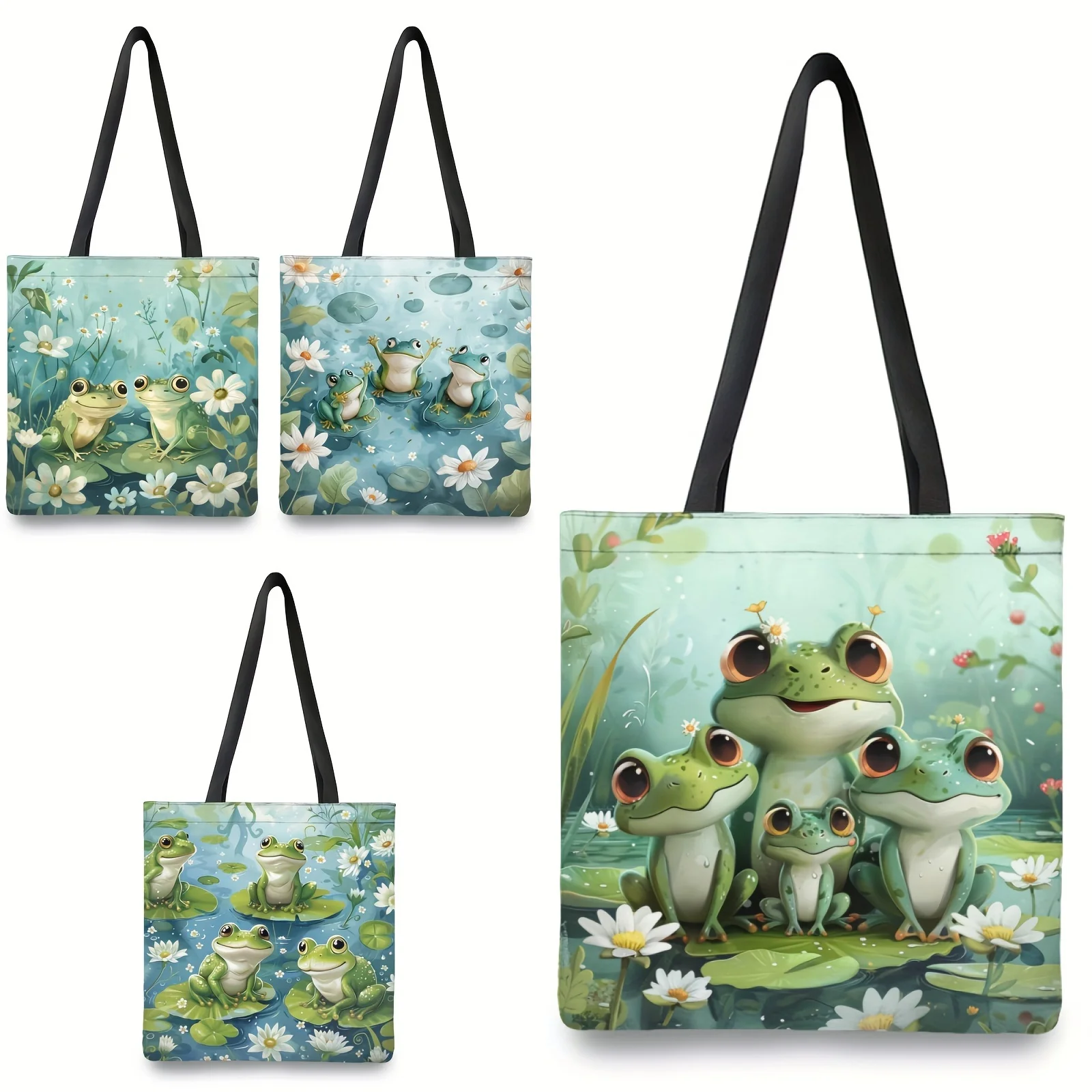 

Сумка-лягушка и стрекоза, милая мультяшная сумка-тоут с принтом пруда лотоса, повседневная сумка-шоппер, женская сумка на плечо