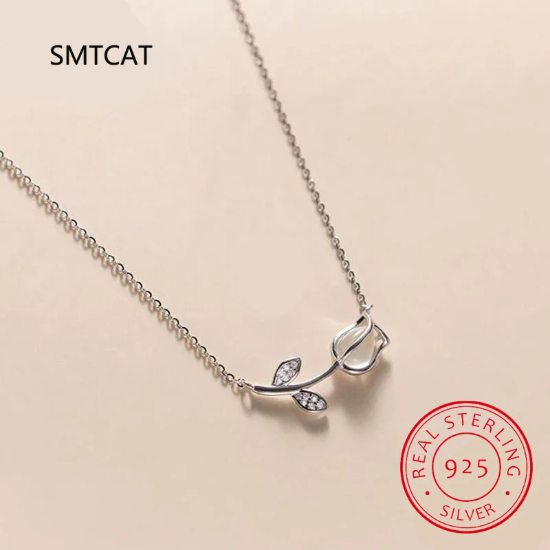 Real 925 Sterling Silver Fashion Mother Gift Tulip Flower Dazzling CZ Necklace For Women Lady Fine 925 Jewelry DE0002