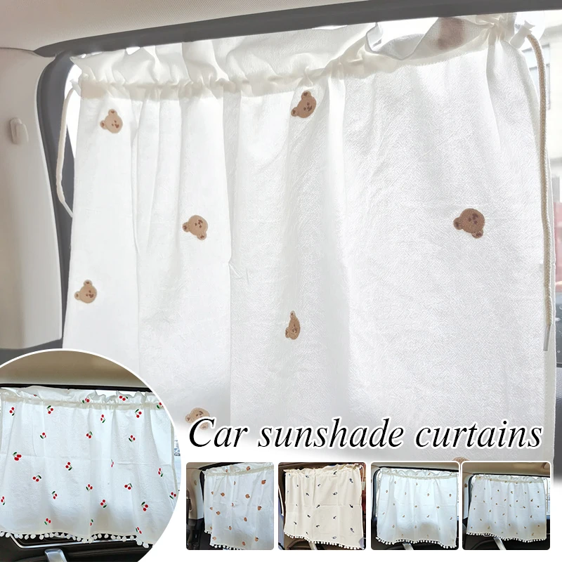 

Korean Style Spring Summer Cartoon/Floral Embroidery Cotton Car Sunshade Cover PomPom Trim Kids Travel Privacy Protector Curtain