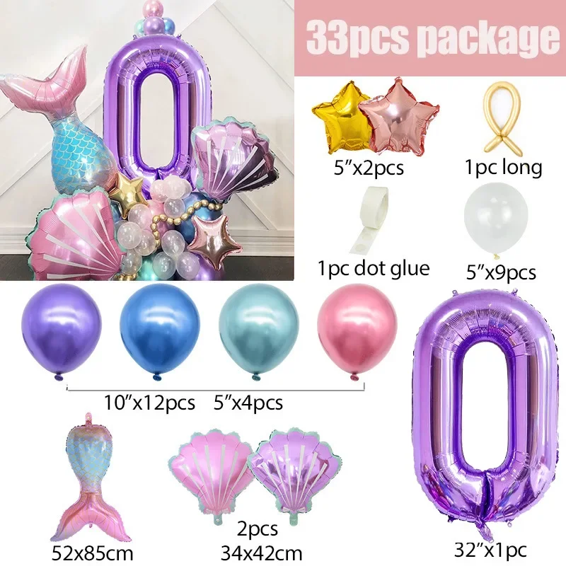 33-teiliges Meerjungfrauen-Muschel-Zahlenballon-Set, Meerjungfrauen-Themen-Folienballons für Mädchen-Geburtstag, Babyparty, Unterwasser-Party-Dekoration