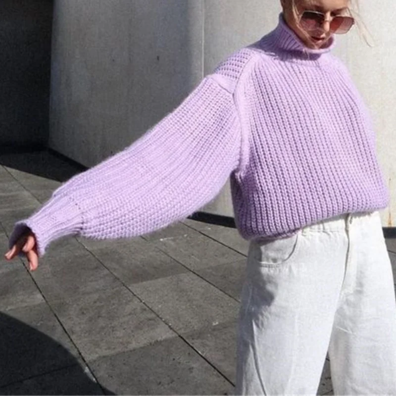 Turtleneck Sweaters Women Casual Loose Jumper Long Sleeve Knitted Tops Pullover Autumn Winter Oversized Women's Sweaters Purple