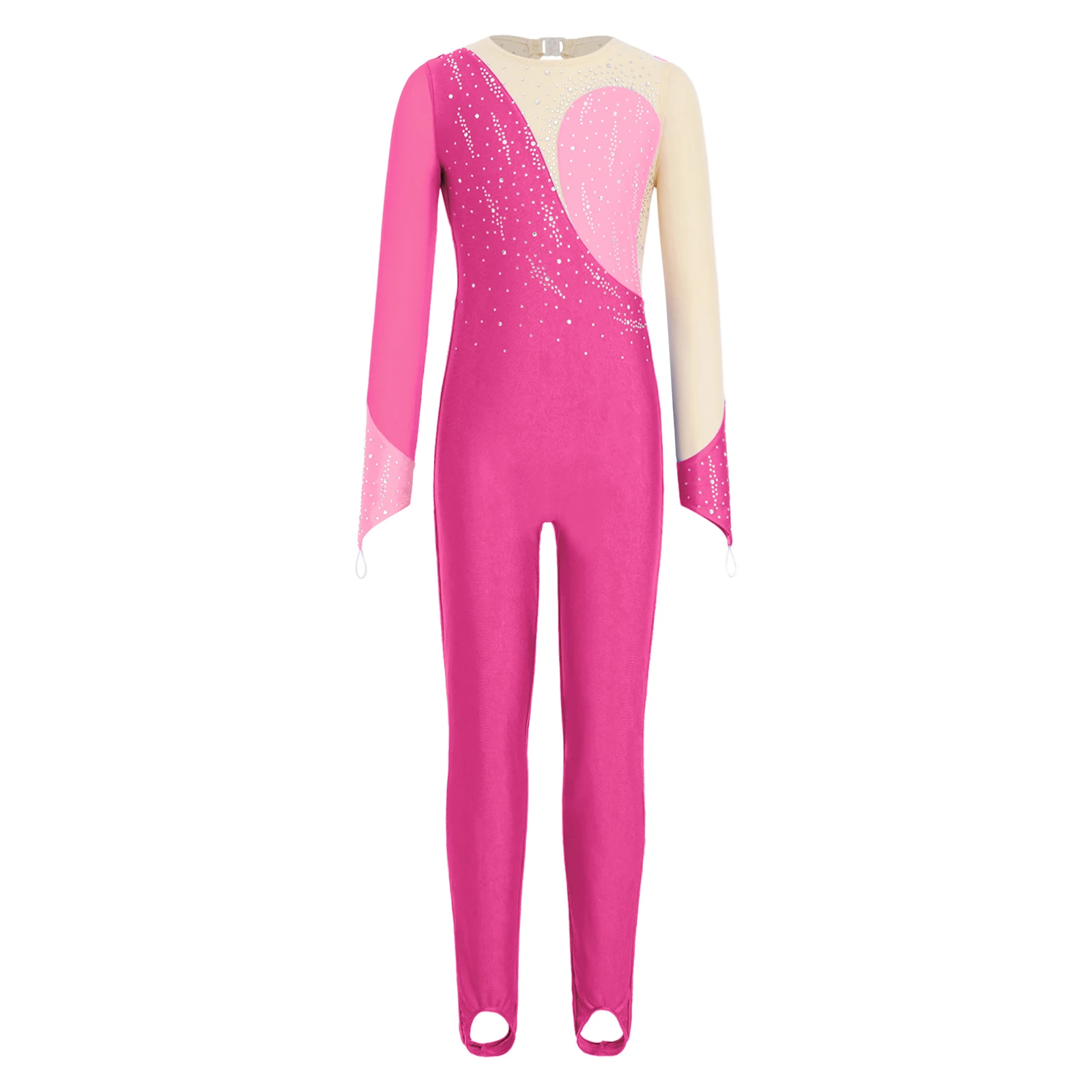 Kids Girls Gymnastics Dance Artistic Skating Jumpsuit Costume Sheer Mesh Long Sleeve Rhinestones Stirrup Rompers Ballet Jersey
