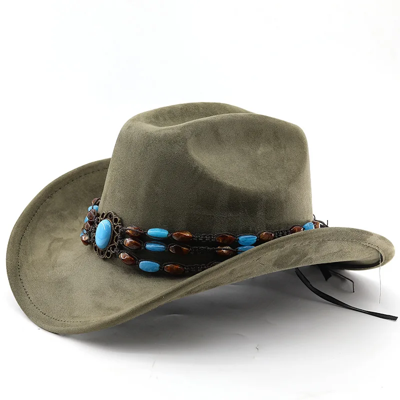 Western-Cowboyhut aus Wildleder zum Reiten für Männer und Frauen, Outdoor-Reisehut mit gerollter Krempe, Zylinderhut im Ethno-Stil, Filzhut – Detail 15