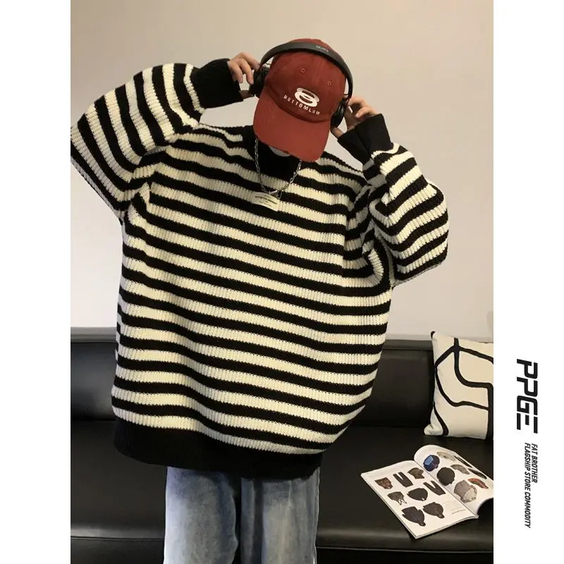 

Полосатый мужской вязаный свитер, модная повседневная мужская нить
