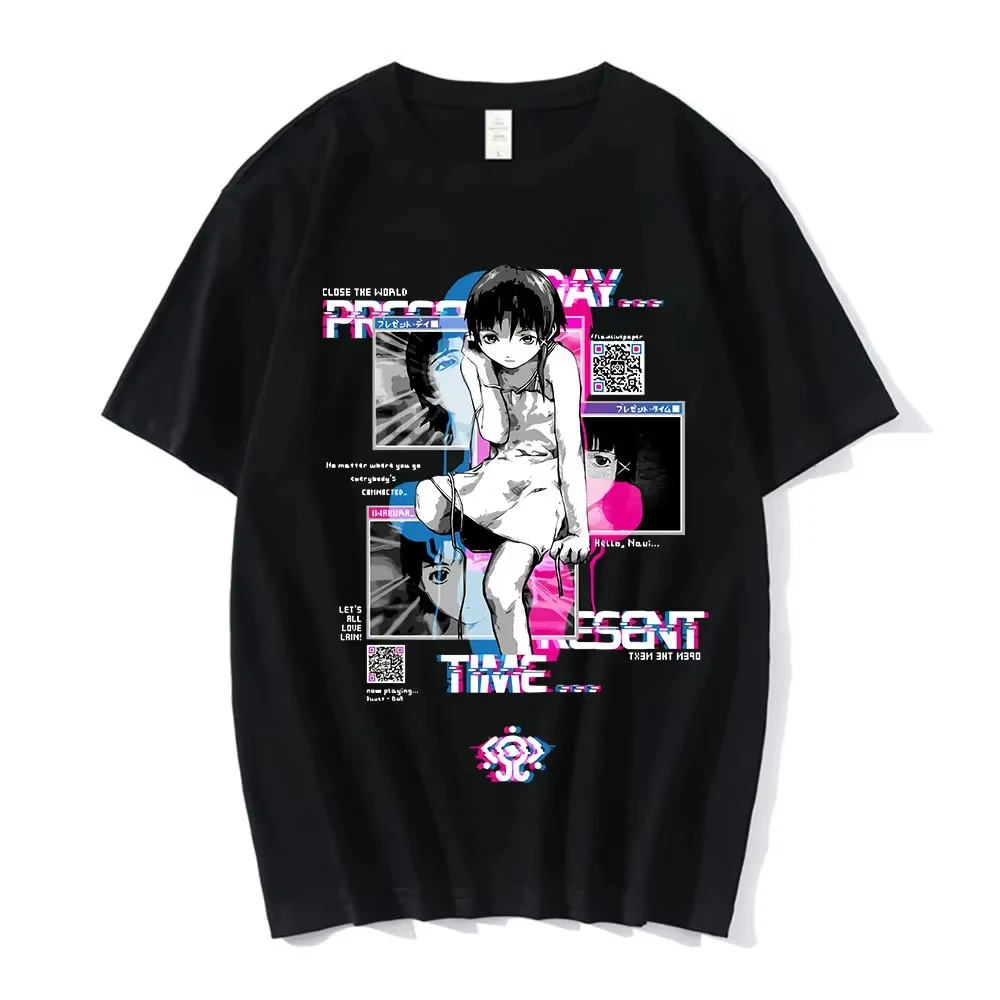 Serial Experiments Lain T-shirt Vintage Washed Oversized Streetwear Men Women Summer Cotton Short Sleeve Sci Fi Manga Tee