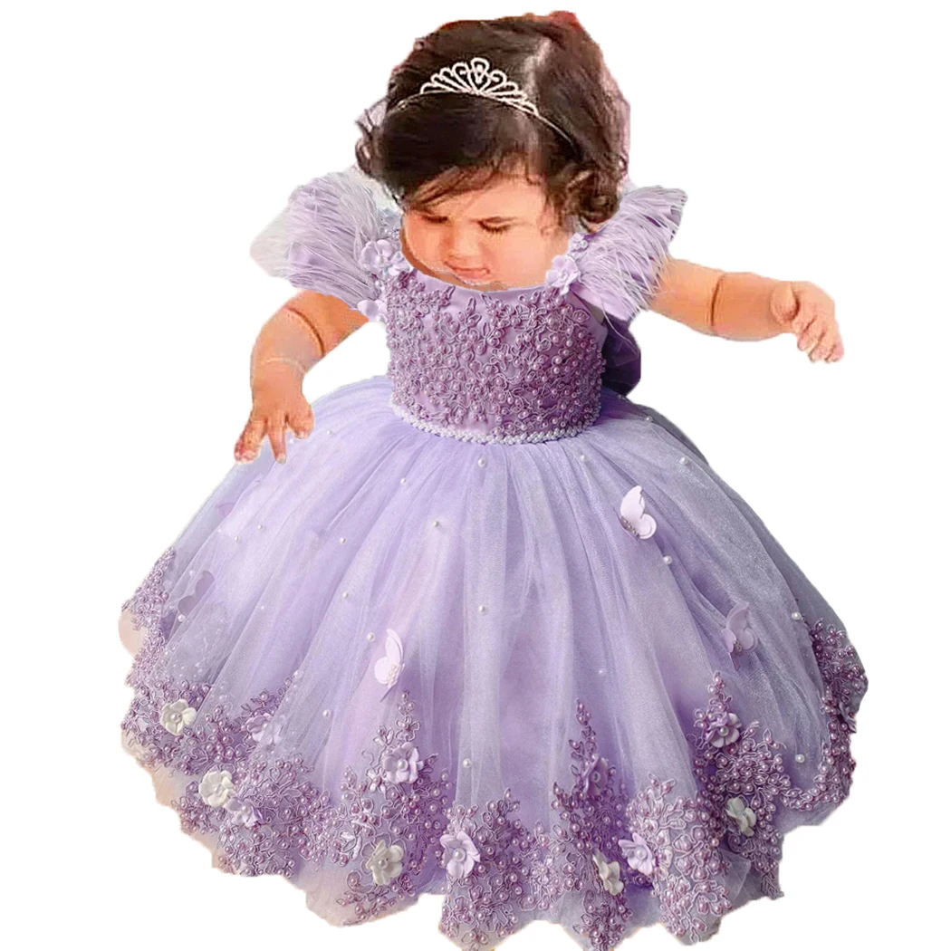 

Baby Girls Princess Pageant Dress Beaded Appliques Flower Girl Dresses for Wedding Toddlers Satin Bow Birthday Party Ball Gowns