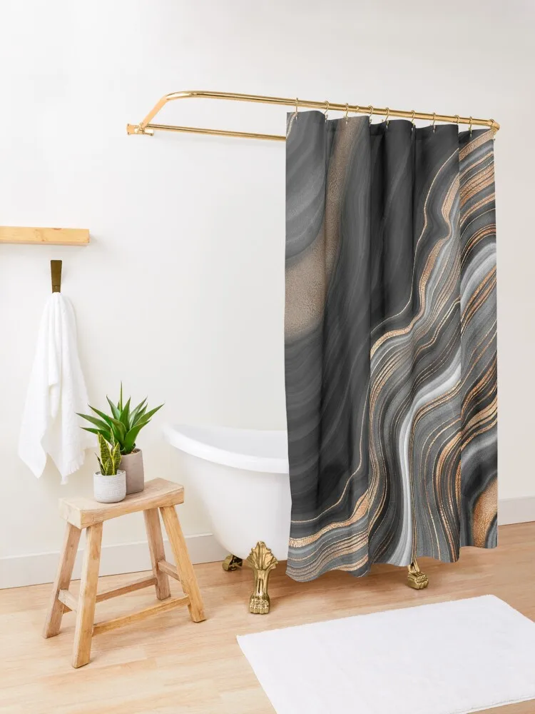 Elegant Black and Gray Faux Marble with Gold Veins Shower Curtain Shower For Bathroom For Shower Bathroom Fabric Curtain