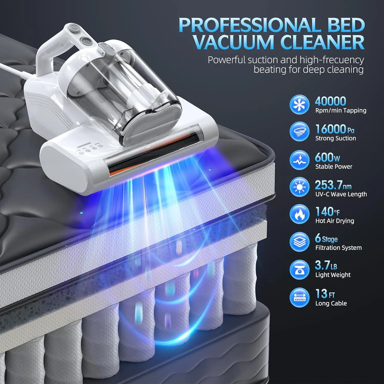 Vacuum Cleaner Bed Vacuum Cleaner with 16Kpa Suction 253.7nm UV-C Light & 40000 Rpm/Min Brushroll Rotation & HEPA Filter & Heati