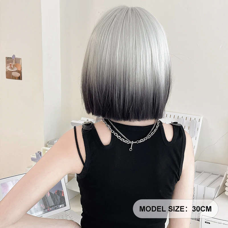 7JHH WIGS Lolita Wig Synthetic Short Straight Black Bob Wig for Women High Density Black Ombre White Wigs with Bangs Costume Wig