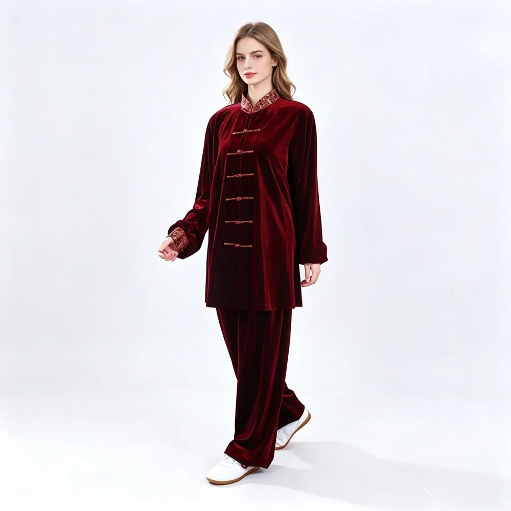 Taijiquan Costume Unisex Autumn Winter Warm Wushu Training Suit Traditional Chinese Style Top & Wide Leg Pants