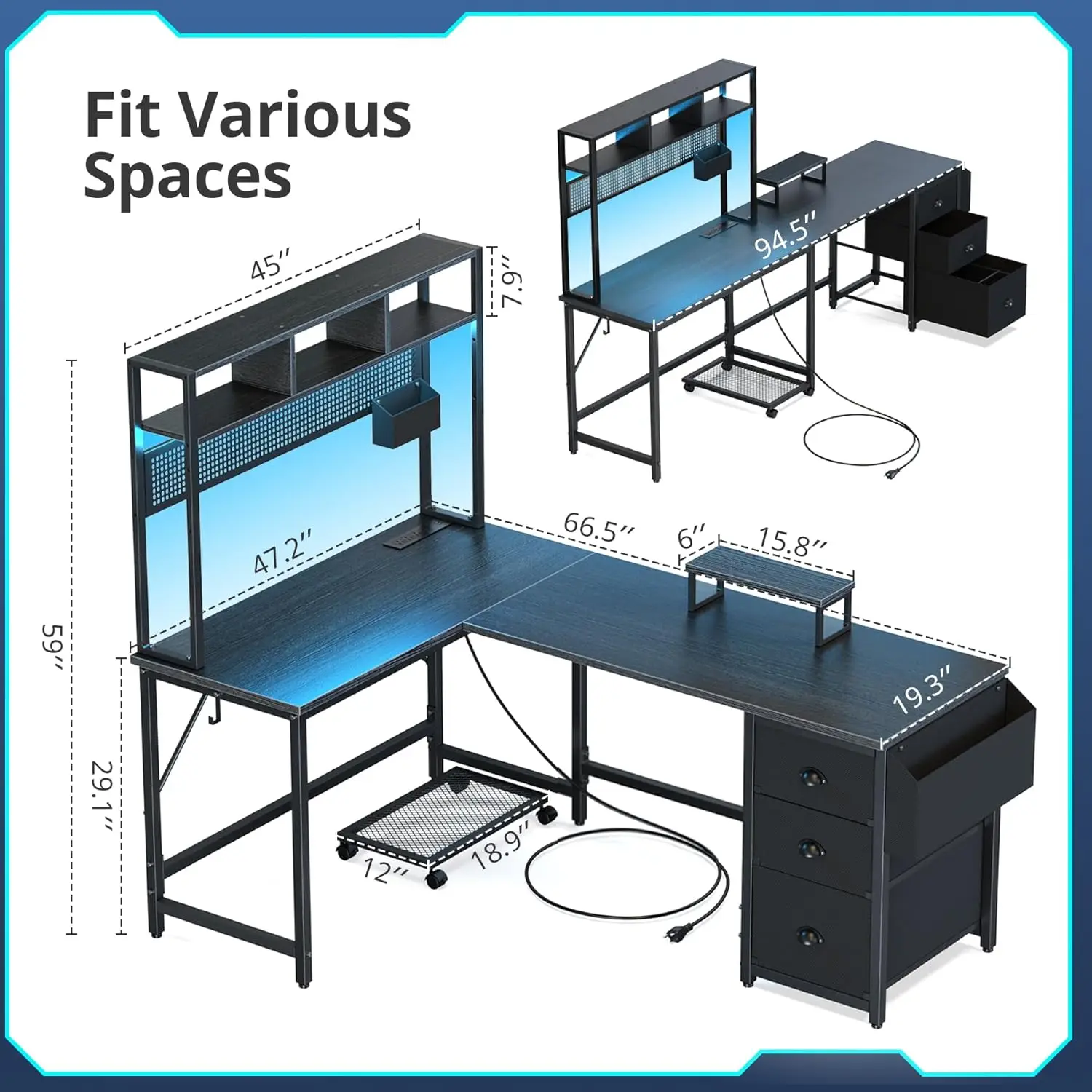 Desk Computer Desk with Pegboard & Shelves Large L Shaped with Drawers, Gaming with Power Outlet & LED & Monito