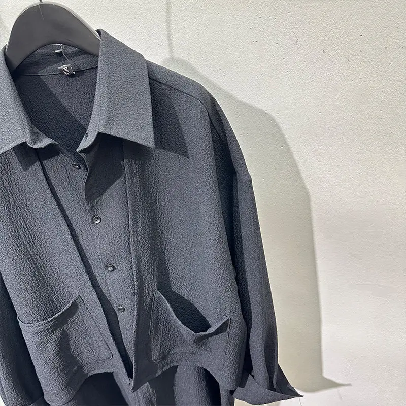 Dark Style Irregular Design Outline Fake Two Pieces Shirts Men's Long Sleeve Loose Casual Shirt High Sense Jacket