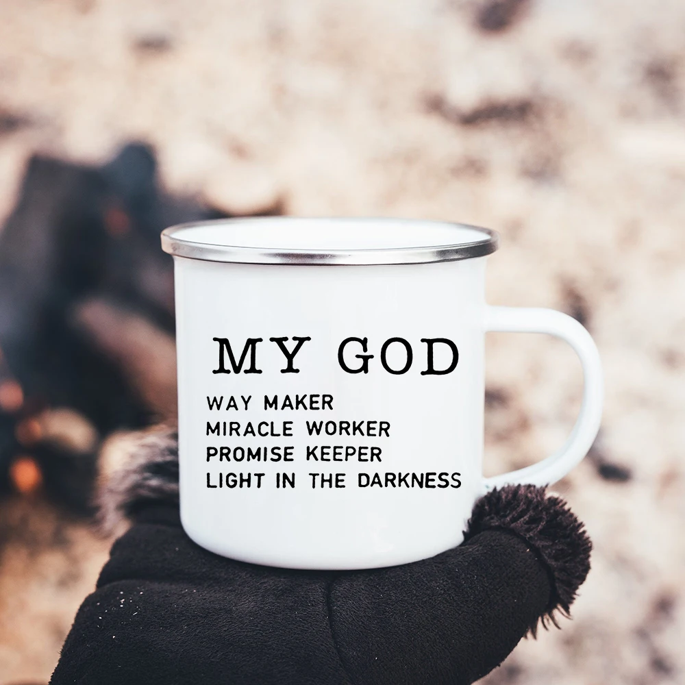 Faith Hope Love Print Christian Creative Enamel Mugs Outdoor Travel Coffee Cup Drink Dessert Milk Vintage Handle Drinkware Gift