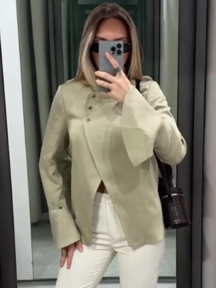 HH Woman Spring High Street Jacket Fashion Casual Commuter Coat Women Long Sleeves Laminated Decorative Slim Button Solid Blazer