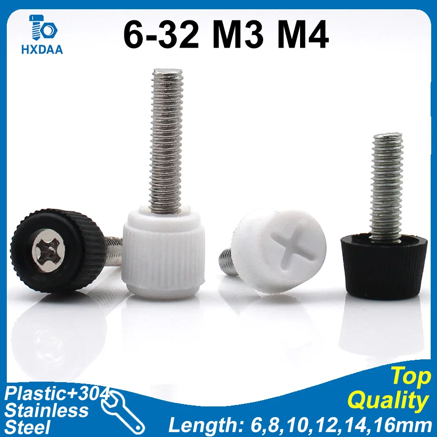 6#-32 M3 M4 Black/White Cross Recessed Knurled Thumb Screws Round Head Plastic Knob Adjustable Handle Screw
