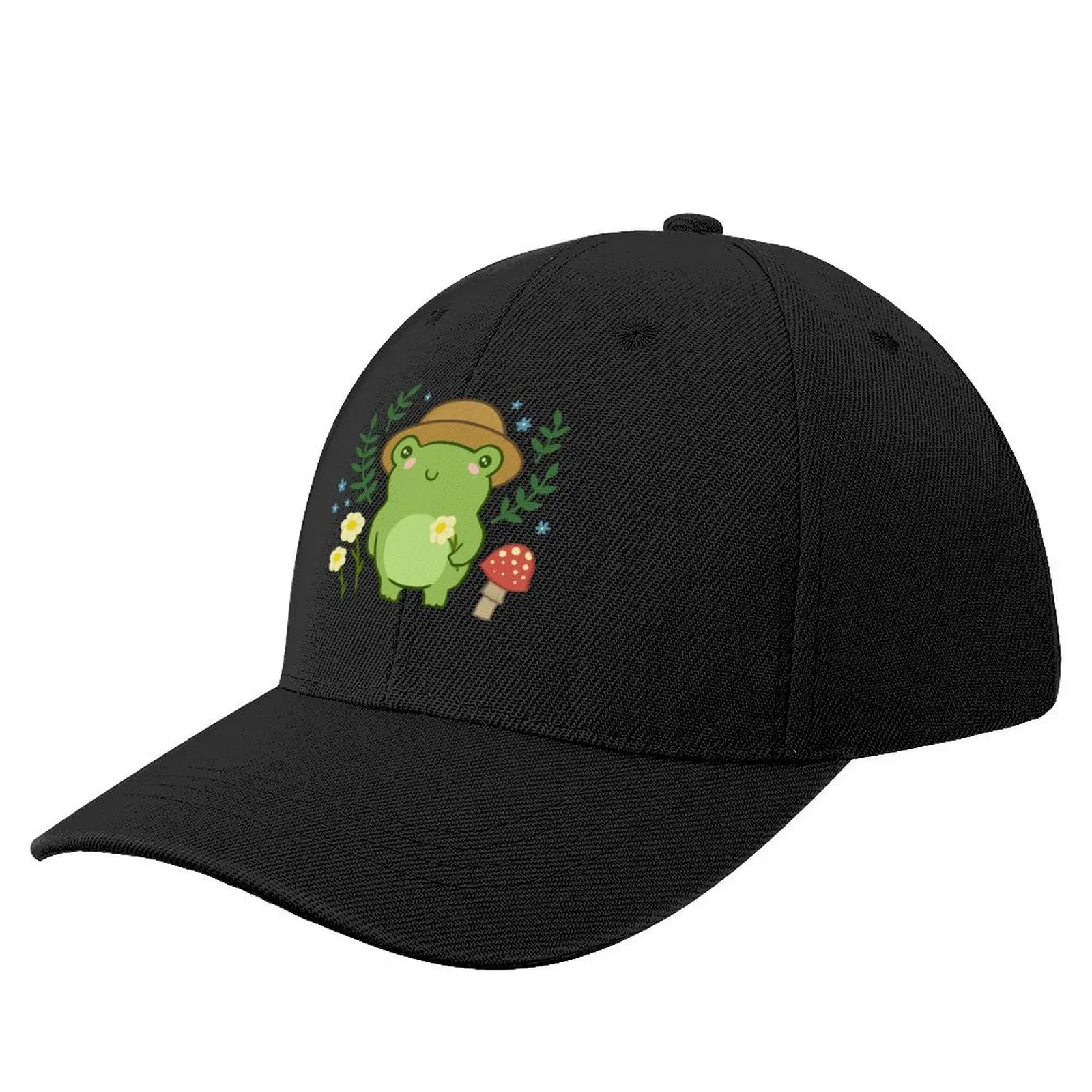 

Kawaii Aesthetic Green Frog with Gardener Hat: Funny Cottagecore Froggy, Nature Illustration with Mushroom Flower B Baseball Cap