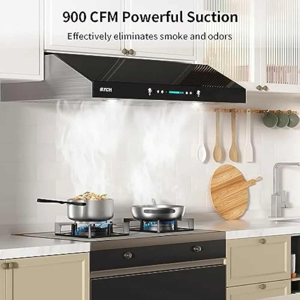 IKTCH 30 Inch Range Hood Under Cabinet, 900 CFM Range Hood with Gesture Sensing, Touch Panel, 4 Fan Speed, 2 Pcs Baffle Filters