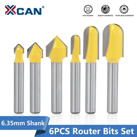 XCAN V-Groove Bit 1/4 inch Shank Router Bits Set 6pcs Core Box Bit Rounf Nose Bit 90 Degree For Woodworking Tools