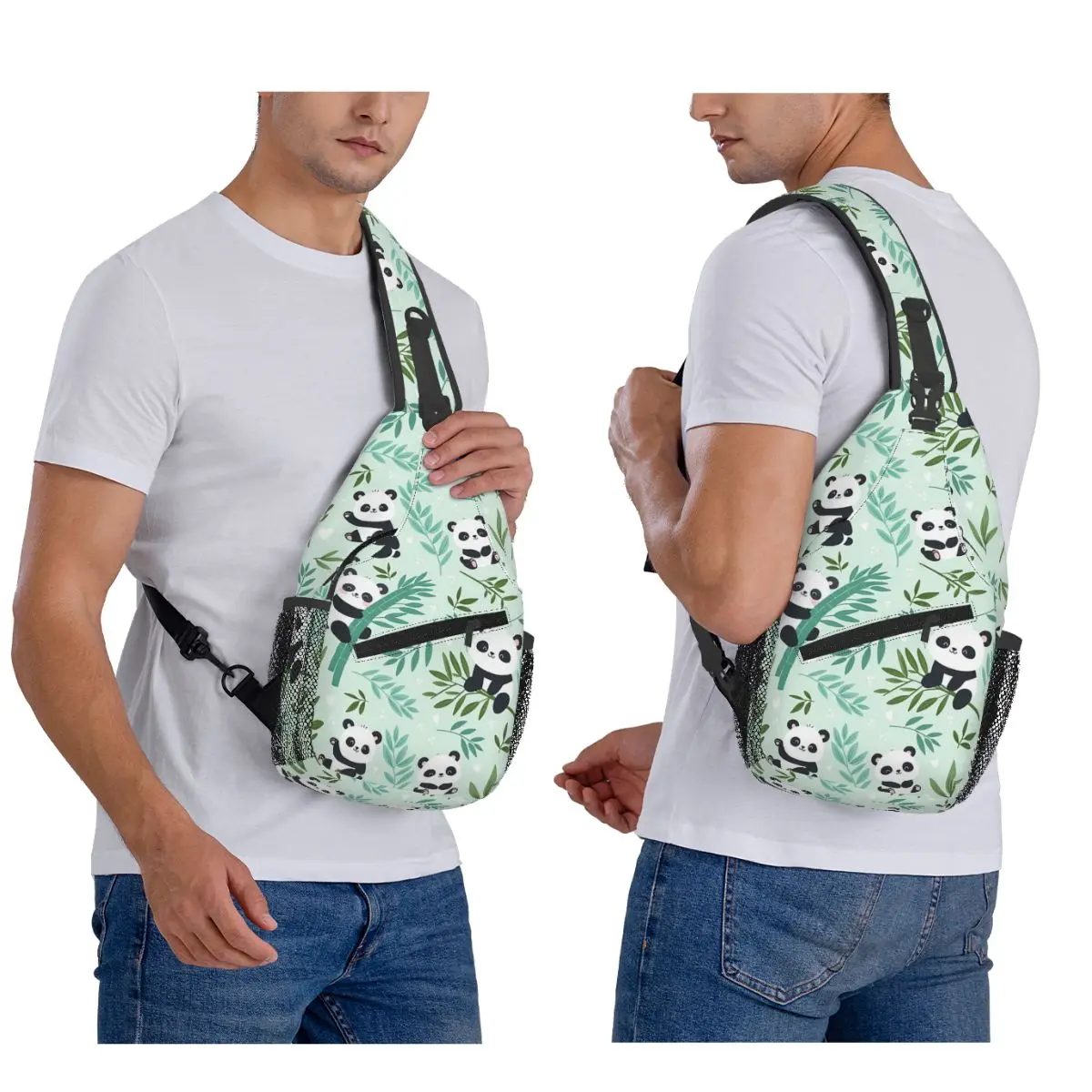 Cartoon Panda And Bamboo Pattern Chest Bag Men Sling Crossbody Backpack Chest Bag Traveling Hiking Daypack Shoulder Bag