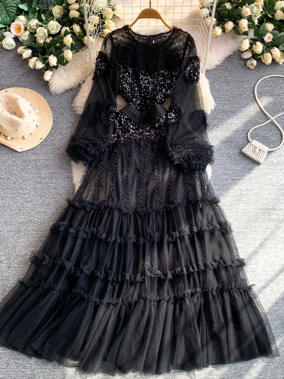 

Elegant Long Sleeve Sequin Mesh Dress Women's Designated Name Lady Super Fairy Tale Cake Skirt Style High Waist A-Line Dress
