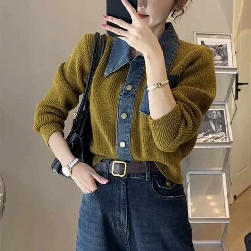 2024 Winter POLO Collar Short Top Women's Fake Two-piece Denim Collar Spliced Jacket