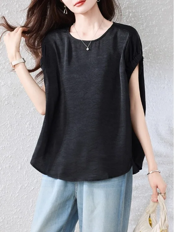 

Summer 2026 Loose Fit Color Short Sleeve Shirt Women's French Style round Neck Slimming Top Large Size Design Hoodie