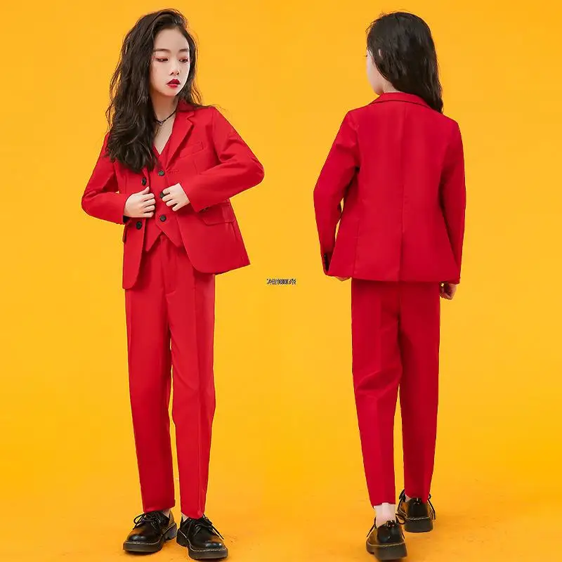 Girls Luxurious Red Photograph Suit Kids Wedding Party Dress Teenager School Performance Suit Children Piano Dance Show Costume