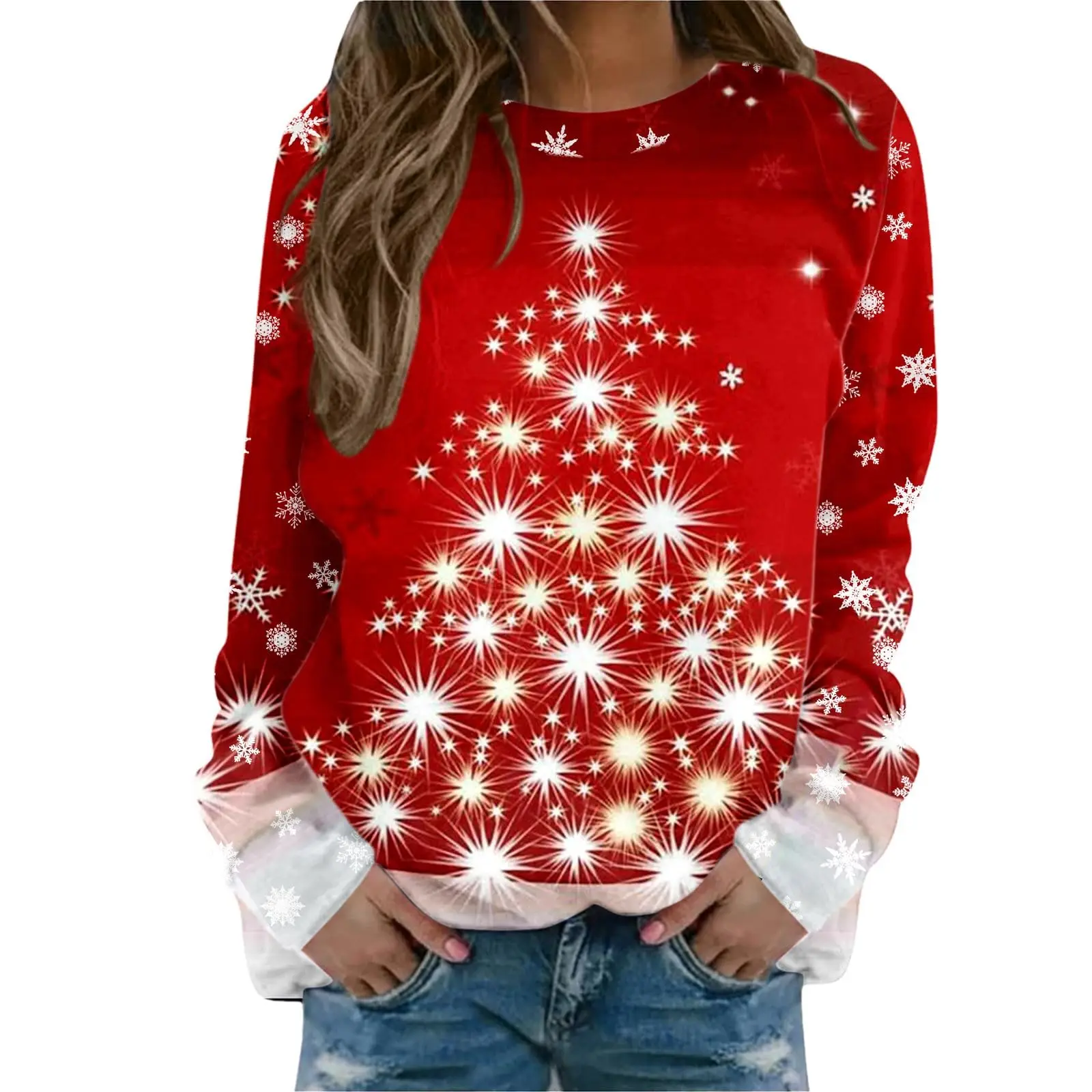 Women\'s Sweatshirt Designer Round Neck Long Sleeve Fashion Casual 3D Stitching Sleeves Christmas Tree Pattern Printed Top