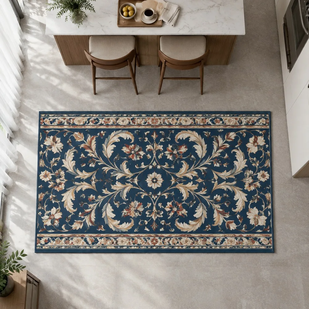 VIKAMA Carpet Rug Midnight Blue Scroll Floral Trellis Washable Balcony Front Door Window Seat Coffee Table Modern Home Decor