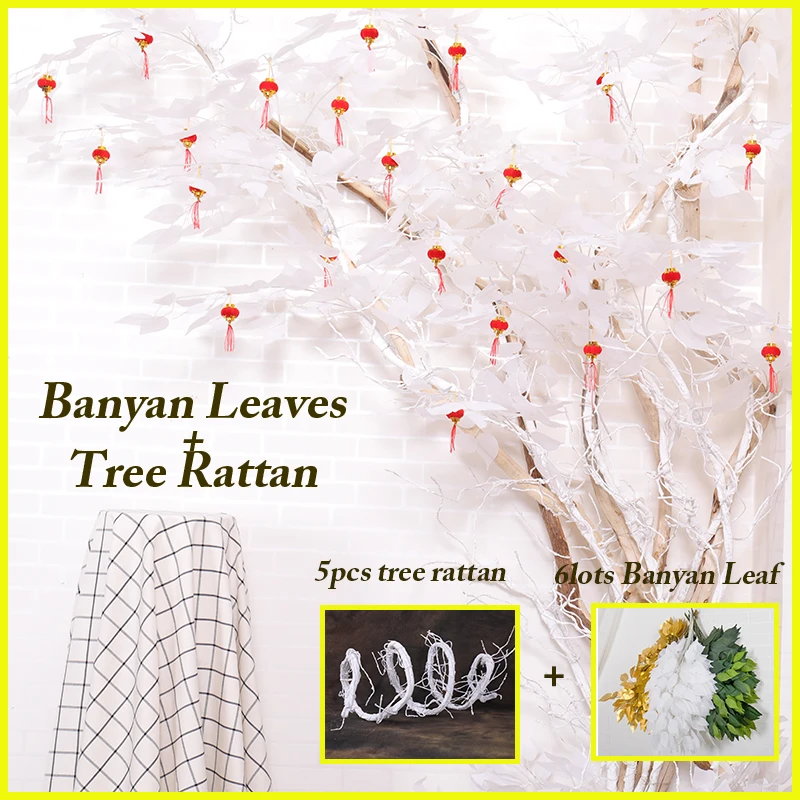

Set Artificial White Banyan Tree Fake Branches Plant with Leaf Home Wall Hanging Garden Backdrop Shop Window Wedding Decoration