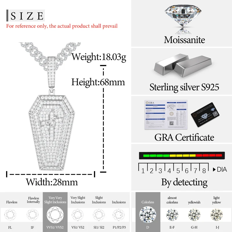 Tuhe unissex de alta qualidade d vvs moissanite pendurar hip hop pingente para mulheres masculino real 925 prata gelada para fora hip hop jóias presentes