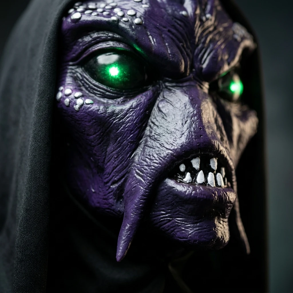LED Glowing Green Eyes Alien Monster Mask in Purple Latex Full Head Mask with Tendrils Hood Scary Cosplay Party Halloween Props