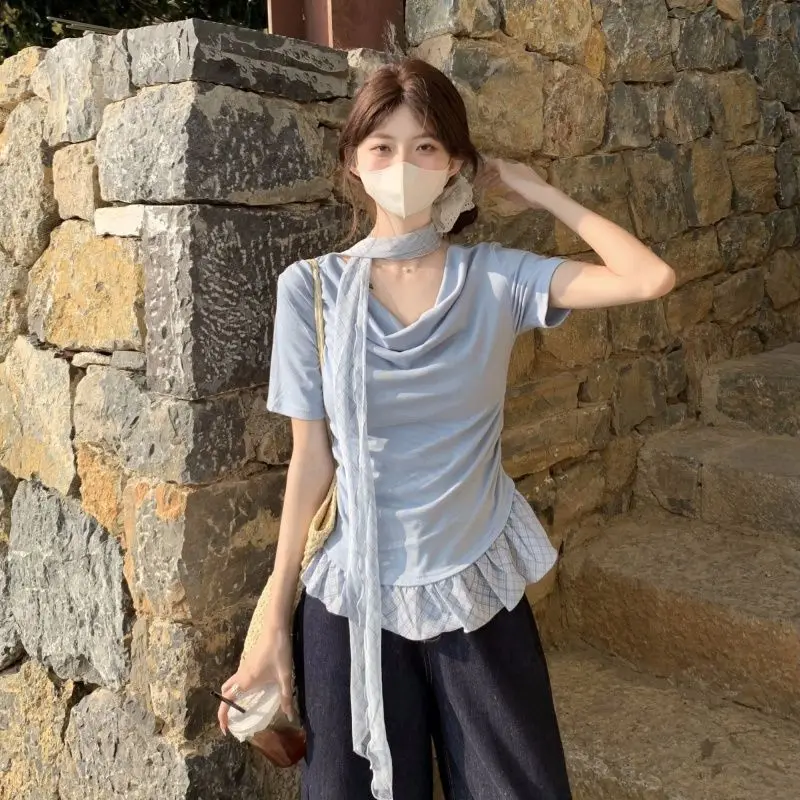 

Women's Slash-Neck Tops, Patchwork Plaid Short Sleeve T-shirts, Fashion Female Street Wear 2025