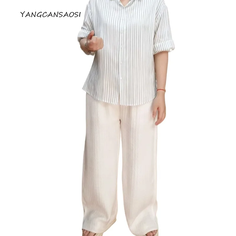 

Women's Fashion Tie Dye Style 100% Natural Mulberry Silk GuanLe Crepe High Waist Loose Two Side Pockets Straight Casual Pants