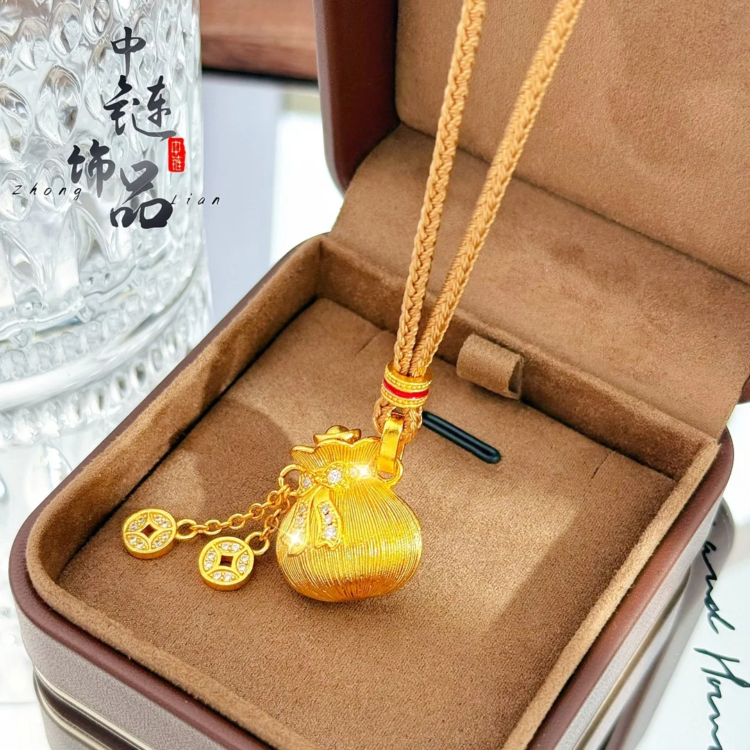 9999 gold point diamond fringed bow charm pouch pendant necklace traditional Chinese style solid money sweater chain accessory