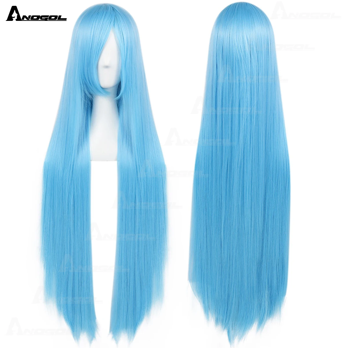 ANOGOL Synthetic 100CM Long Blue Wig Fake Hair Cosplay Wigs Lolita Yellow Azure Pink Purple Red False Wigs with Bangs for Women