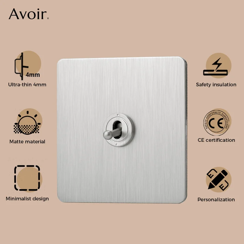 Avoir Silver Toggle Switch Coin Style Nickel Brushed Stainless Steel Panel Light Switches Retro Lever FR EU Socket Plug For 250V