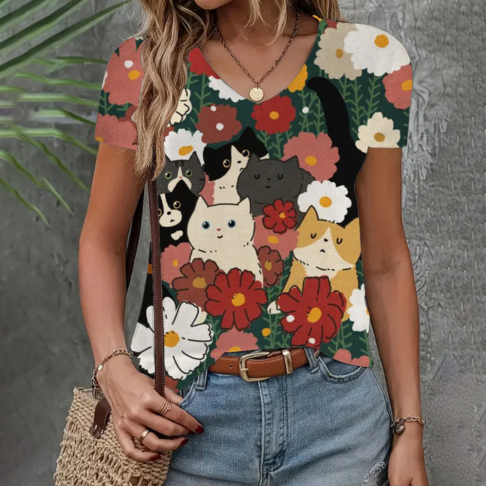 

Women's Clothing T-shirt Loose Casual Short Sleeve Cat Print Top Summer Fashion V-neck Clothing Dating Elegant Women's T-shirt