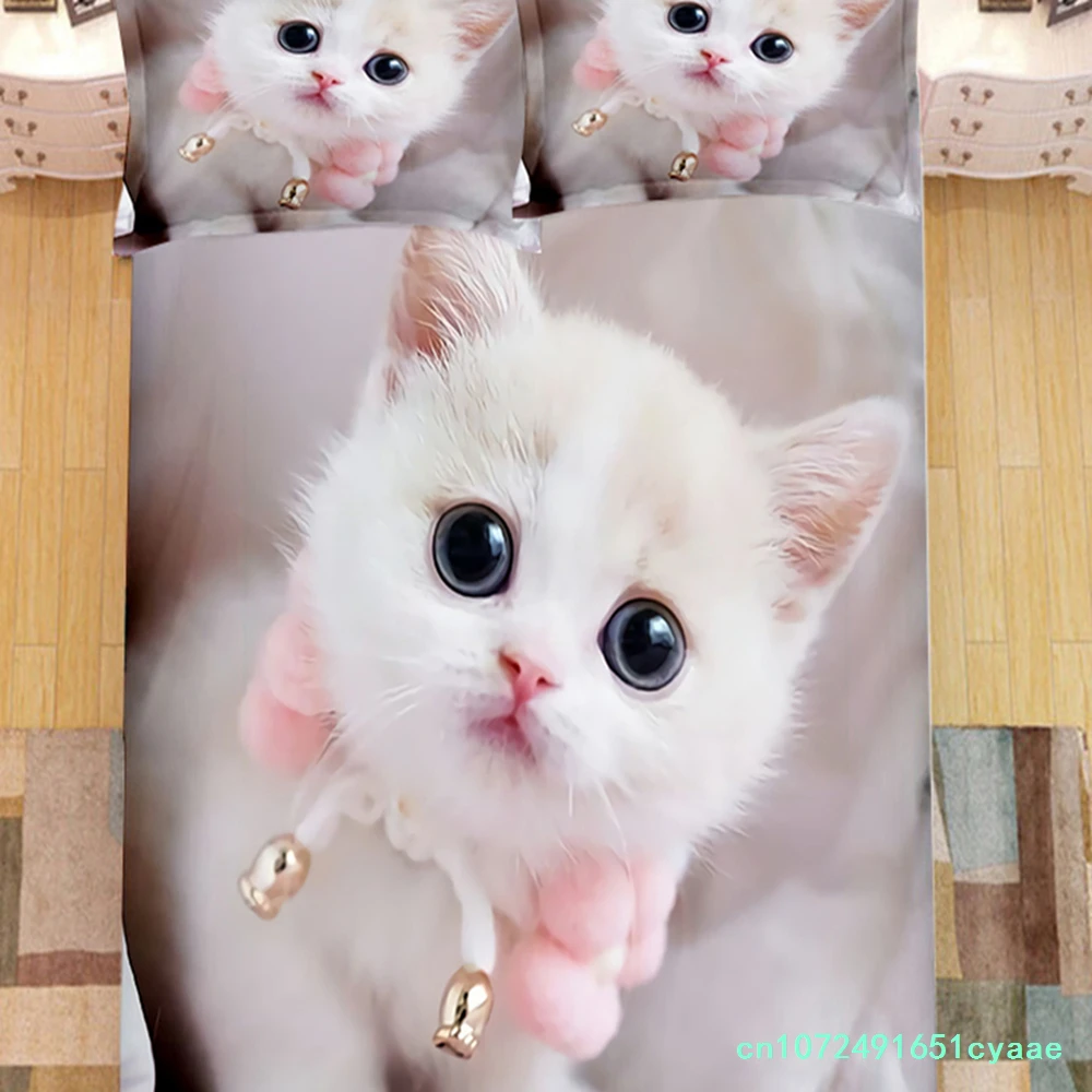 超可愛い子猫キッズ寝具セット-カワイイ女の子用キルトカバー-キング-クイーンサイズ-猫柄アニマル-2-3点セット-ポリエステル製掛け布団カバー（シーツなし）