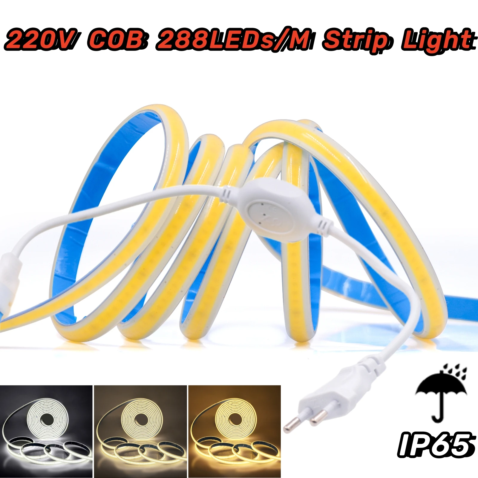 

220V COB LED Strip IP65 288LEDs/M Adhesive Flexible Tape Diode Light 3000K 4000K 6500K RA90 FOB Linear Lighting Rope Lamp EU UK