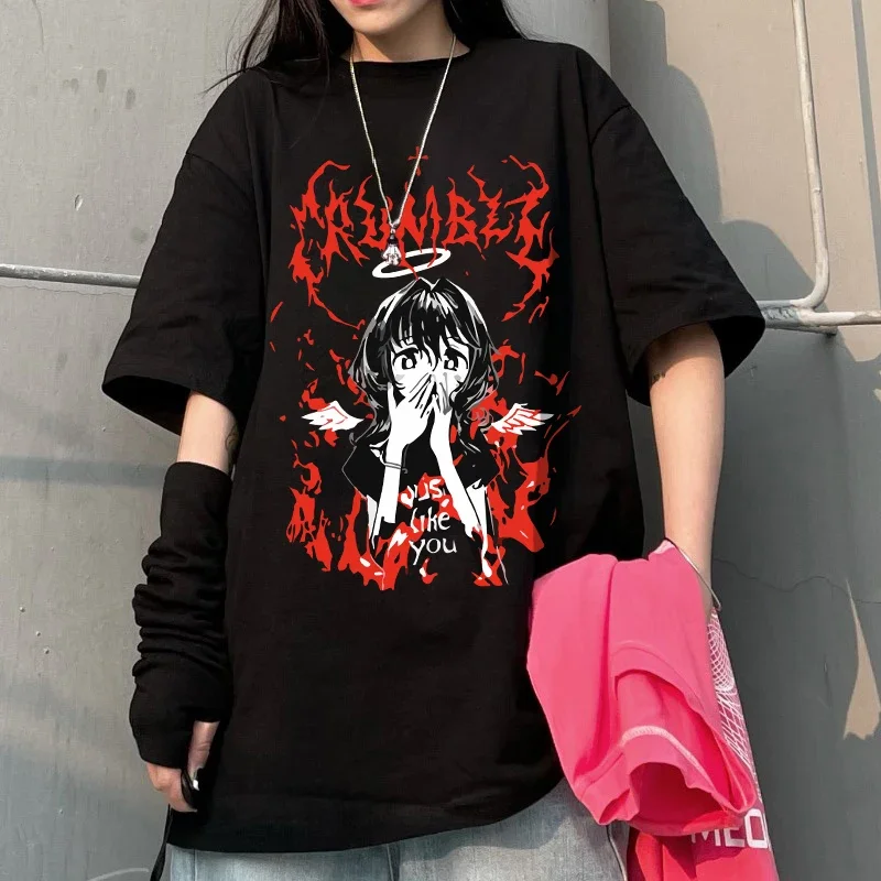 Harajuku Gothic Punk Cartoon Short Sleeve T-Shirt O-Neck Women Summer Ulzzang Hip Hop Loose Casual Streetwear Aesthetic Clothes