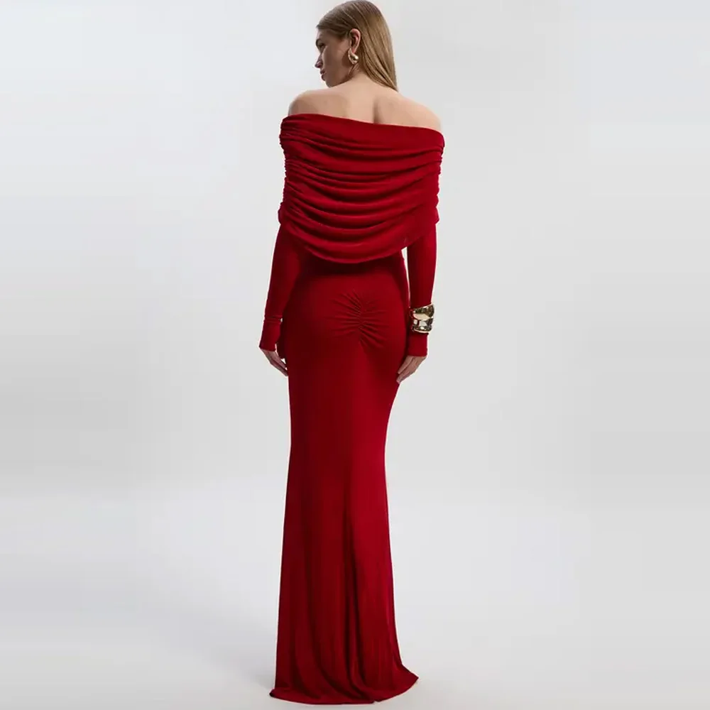 Custom Luxury Red Off-the-shoulder Ruched Mermaid Evening Dress, Long Sleeve Formal Prom Gown